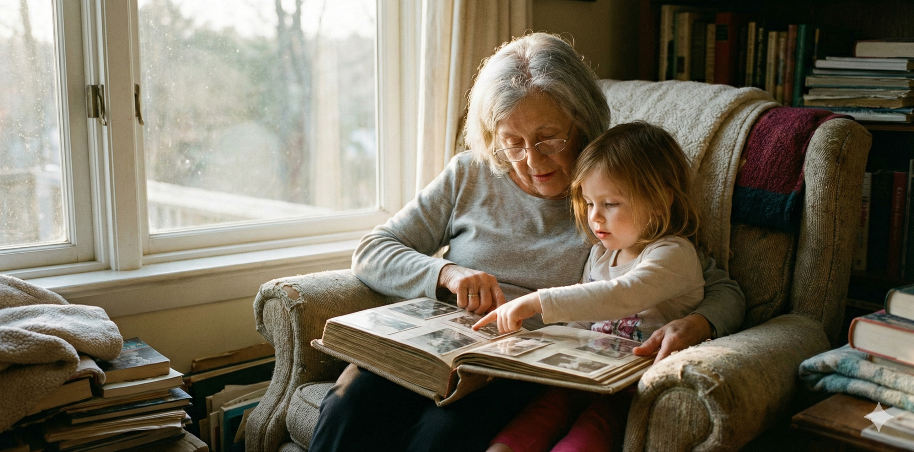 Grandmother and grandchild looking at a photo album together