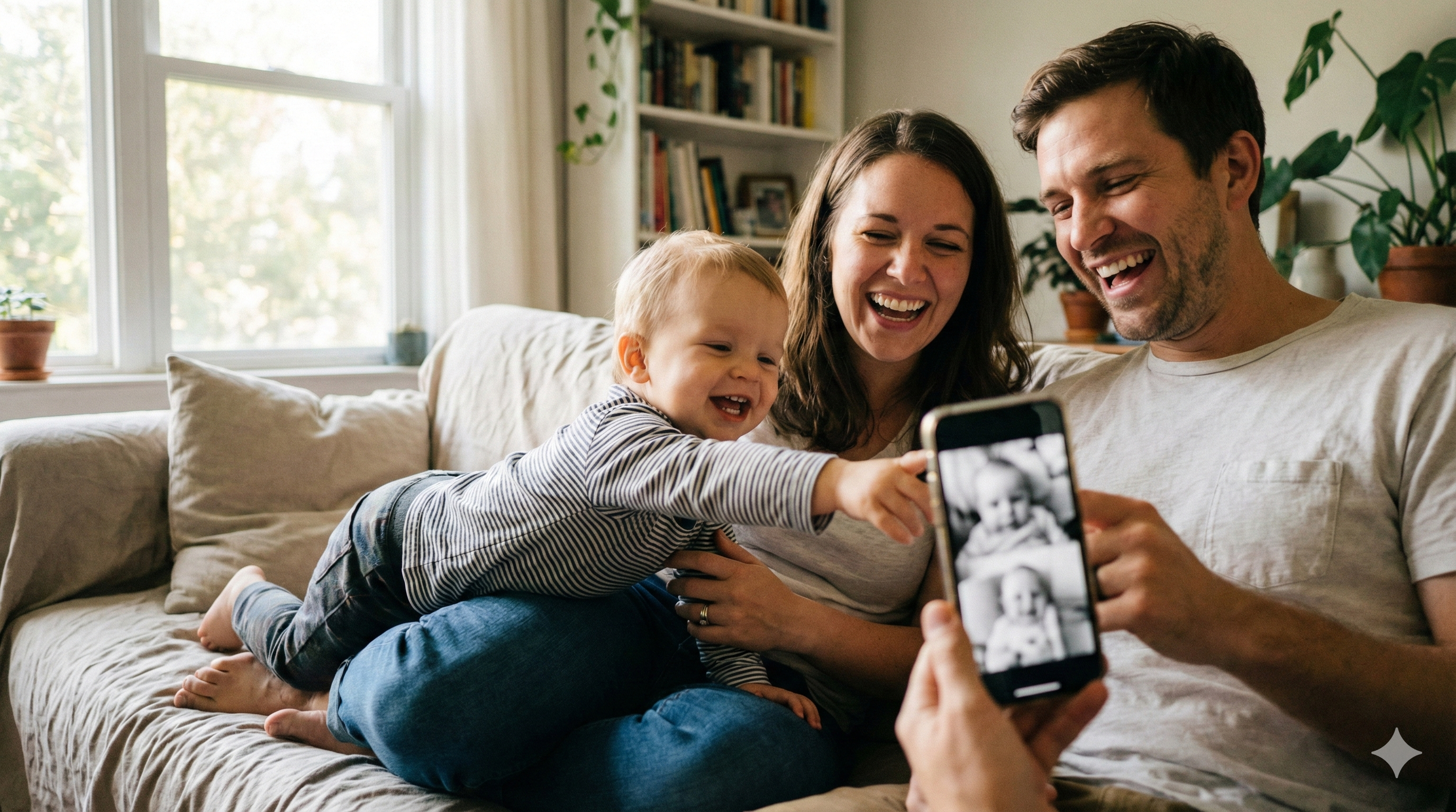 Family laughing on a couch while looking at old photos on a phone